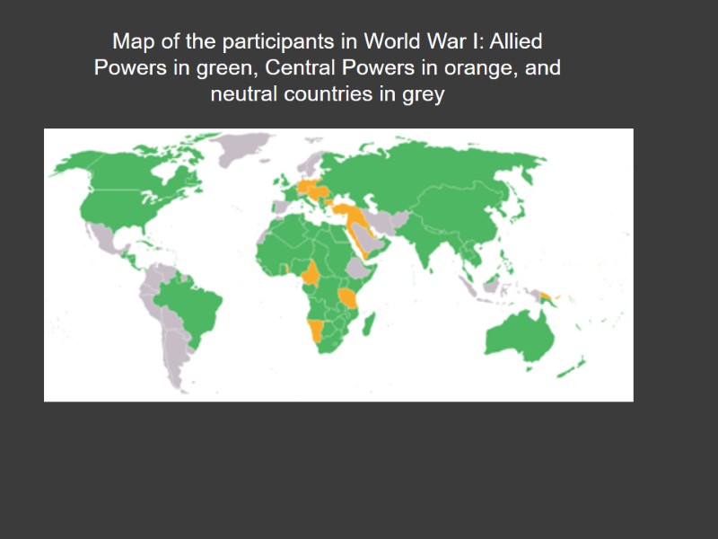 Map of the participants in World War I: Allied Powers in green, Central Powers